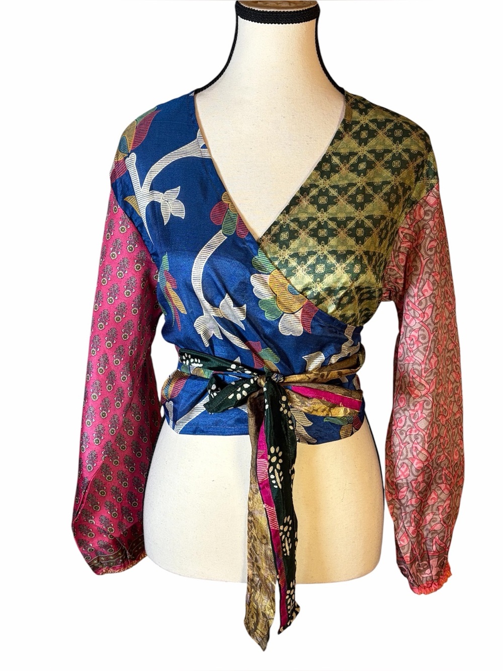 Jaded Gypsy Colorful Patchwork Wrap Crop Top Peasant Boho Balloon Sleeve OS NWT